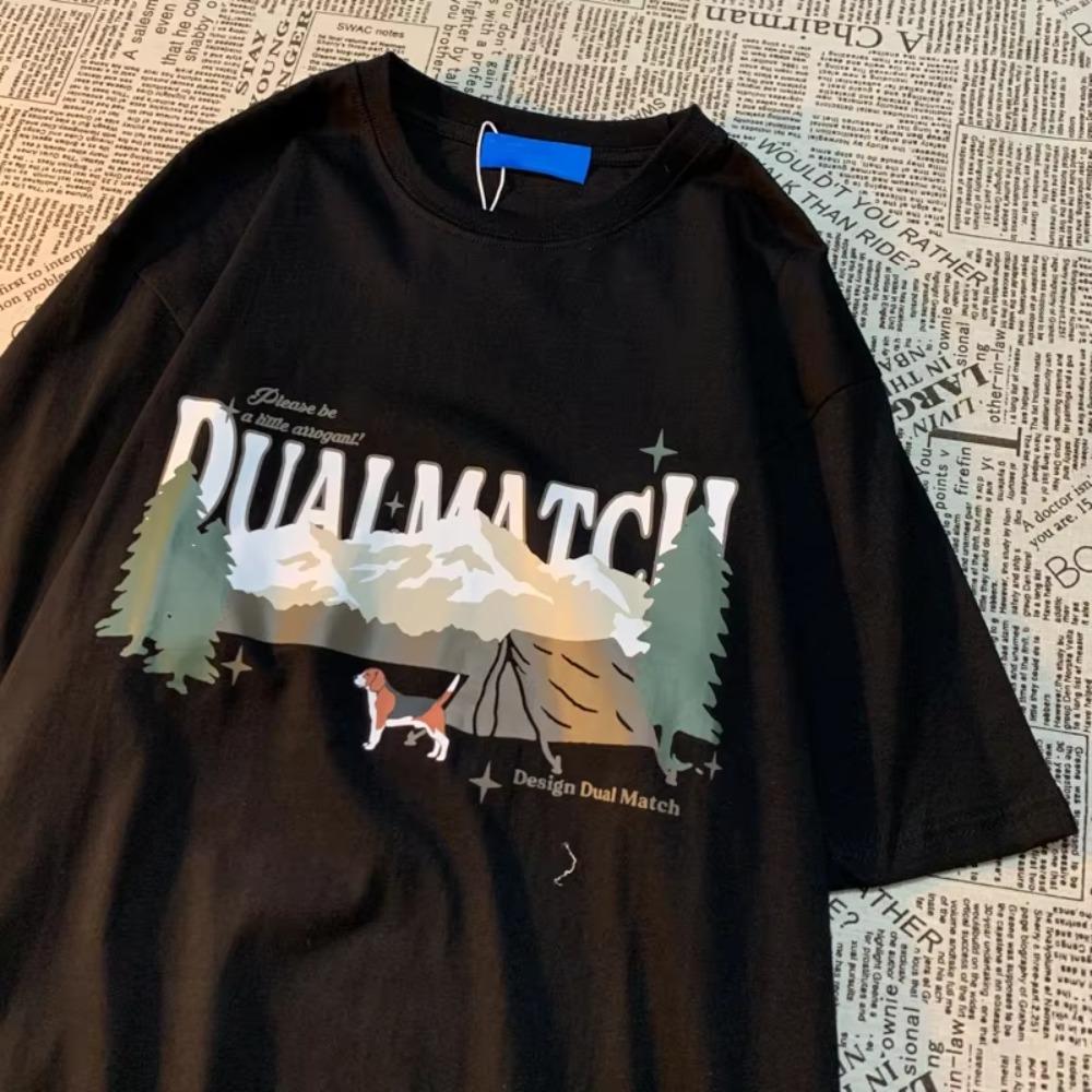 

The Puppy At The Mountaintop American Retro Cartoon Print Short Sleeved T-shirt Men women Trendy Loose And Versatile Couple Tee XXXXXL чёрный