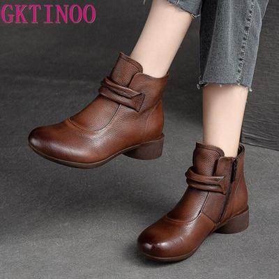Fashion GKTINOO Woman Boots 3cm Cow Genuine Leather Natural Comfy Spring Autumn Ankle Flats Mid Calf Booties Moccasins Loafer Soft Shoes