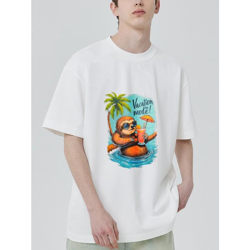 Weißes T-Shirt Urlaubsmodus Faultier mit Cocktail- und Palmen-Print Sommer Freizeitkleidung