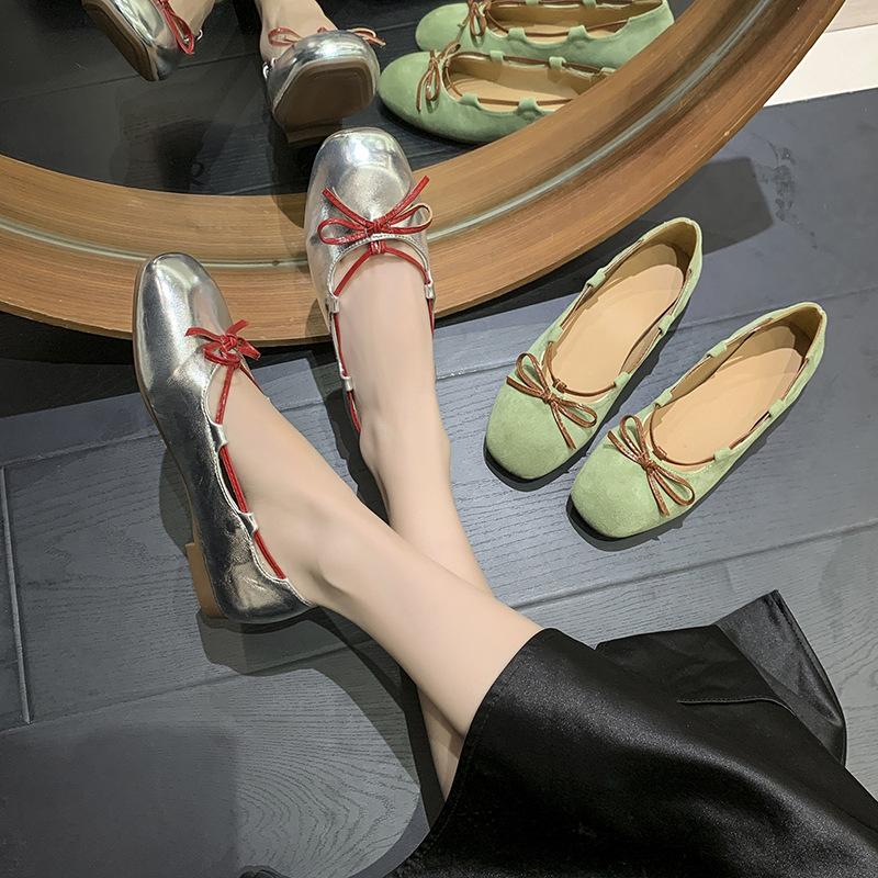 French bow round head ballet shoes women's 2025 new contrasting color matte flat Mary Jane shoes light mouth single shoes