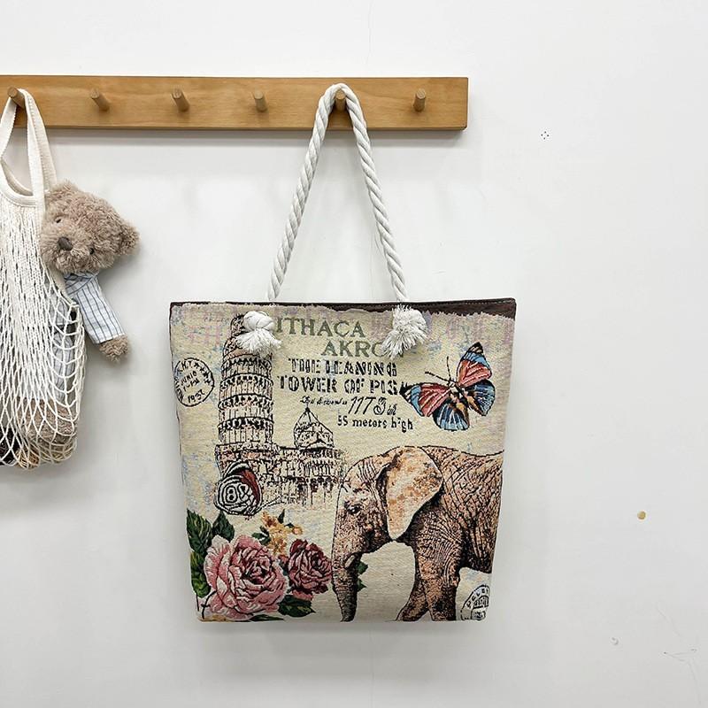 Ethnic Style Elephant Embroidered Canvas Shoulder Bag With Cotton Rope Strap For Casual Travel