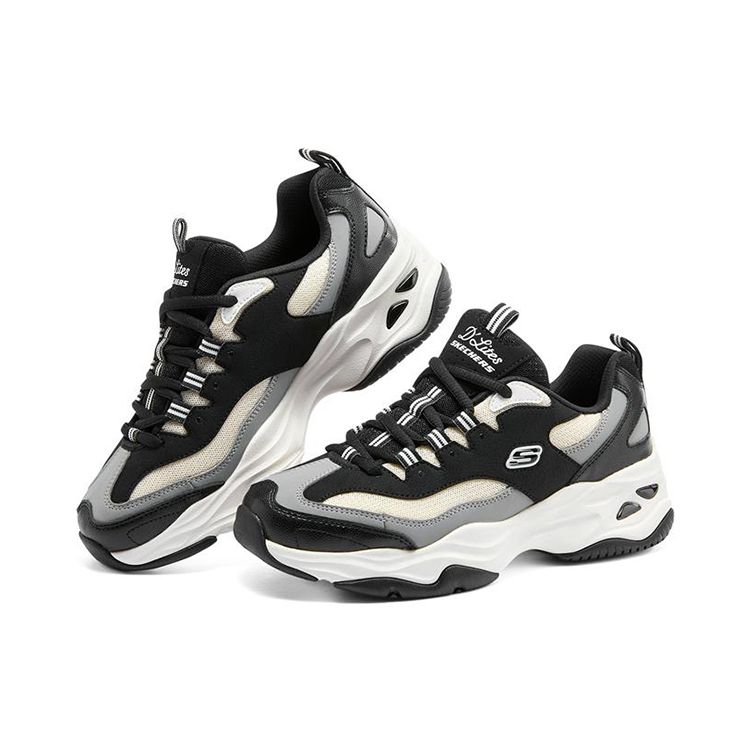 Skechers DLites 4.0 Leather Lace-Up Shock Absorbing Durable Low-Top Dad Shoes Women Sneaker White Black 896144-BKW