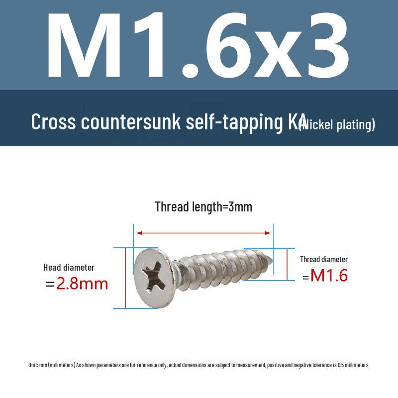 YiguYigu Nickel-Plated Phillips Flat Head Self-Tapping Screws M1-M5, Carbon Steel