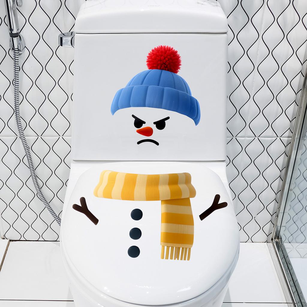 Cartoon Christmas Blue Hat Snowman Toilet Wall Stickers, Bathroom Decorative Wall Stickers