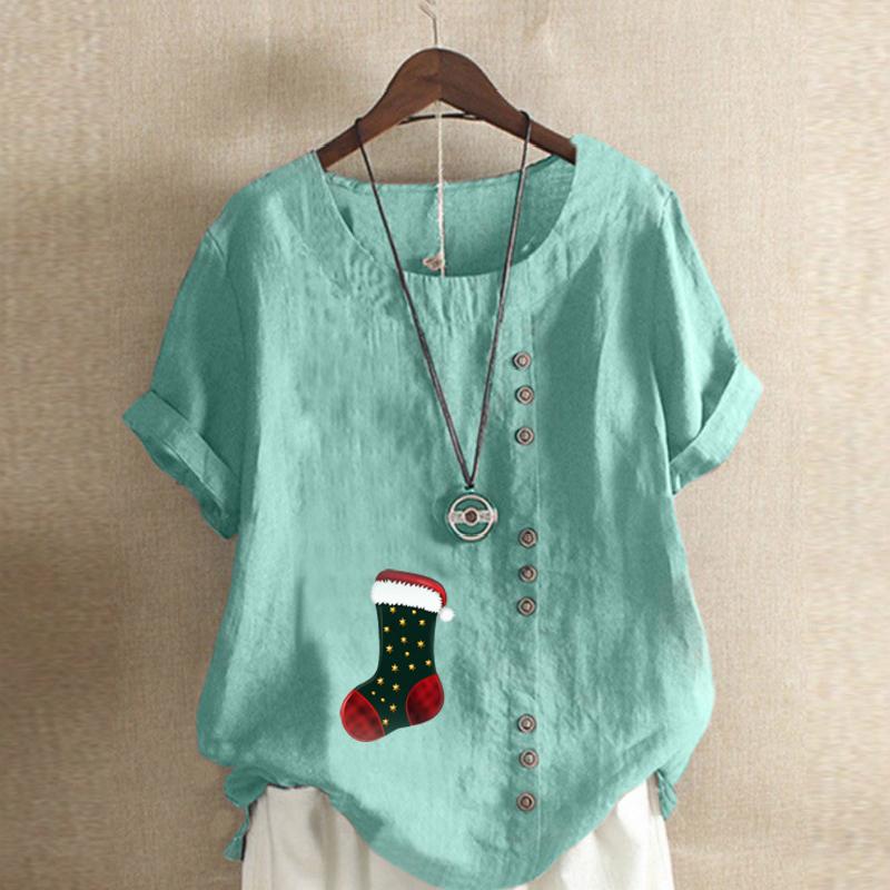 Women's Fashion Round Neck Short Sleeve T-shirt Casual Cotton Linen Graphic Shirt Leisure Loose Christmas Stocking Prined Summer Blouse Tops