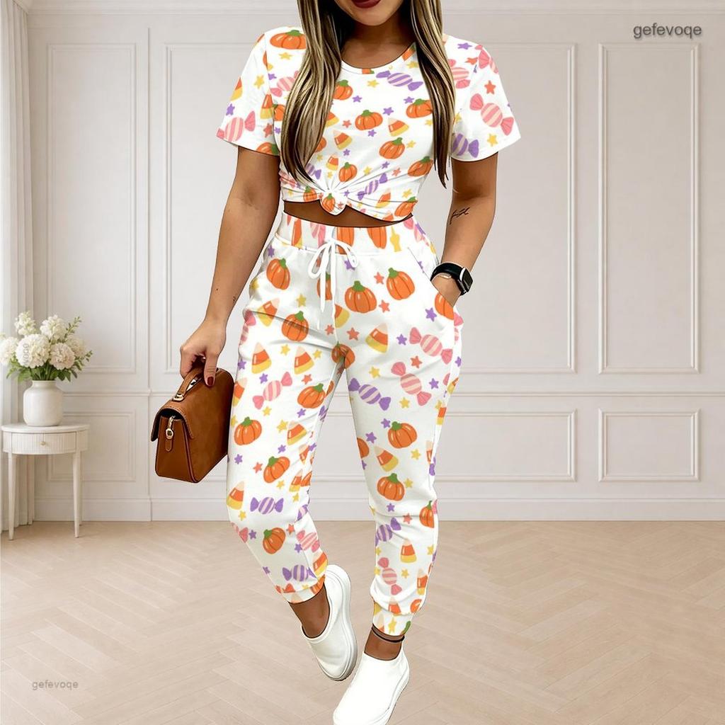 Women Plus Size White Printed Round Neck Short Sleeve Top Drawstring Cuffed Pants Two Piece Set With Pockets