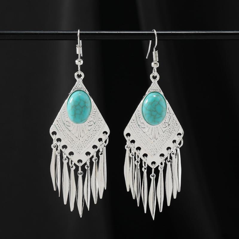 Retro Handmade Miao Silver Fringed Earrings Inlaid Turquoise Long Earrings Female Exotic Yunnan Dance Earrings