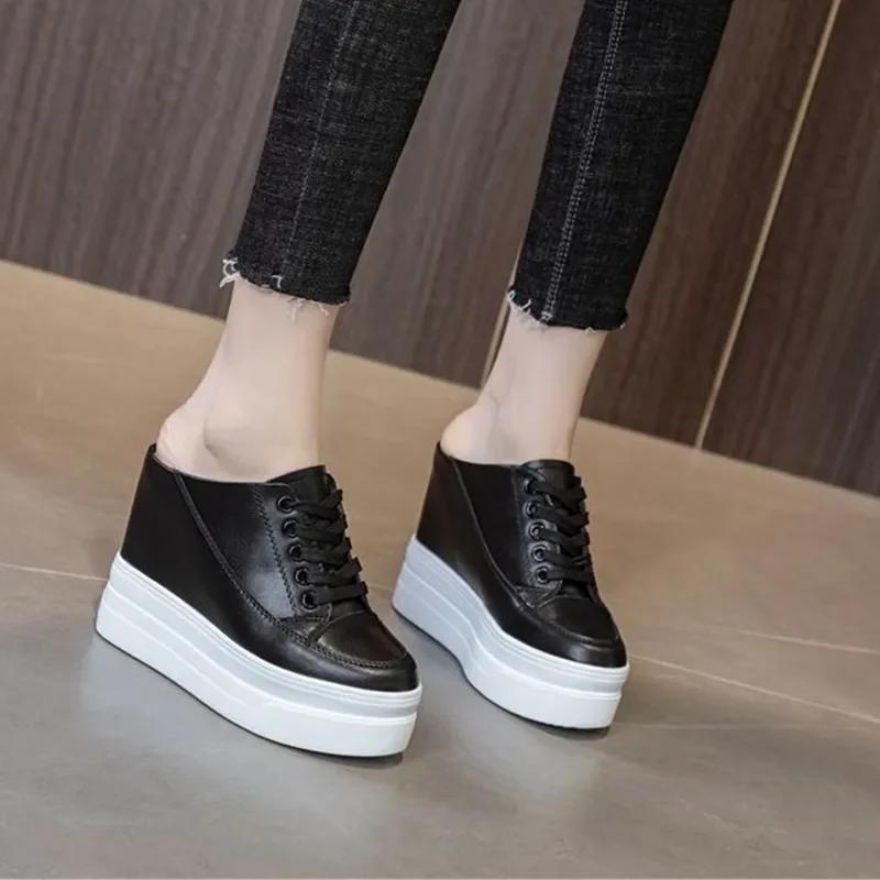 11cm Genuine Leather Fashion Height Increasing Females Lady Casual Platform Wedge Women Slip On Shoe Summer