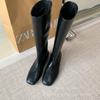 Fransk inre höjdökning men knähöga stövlar dam 2025 nya tunna knähöga stövlar fyrkantig tå platt botten ärm riddarstövlar