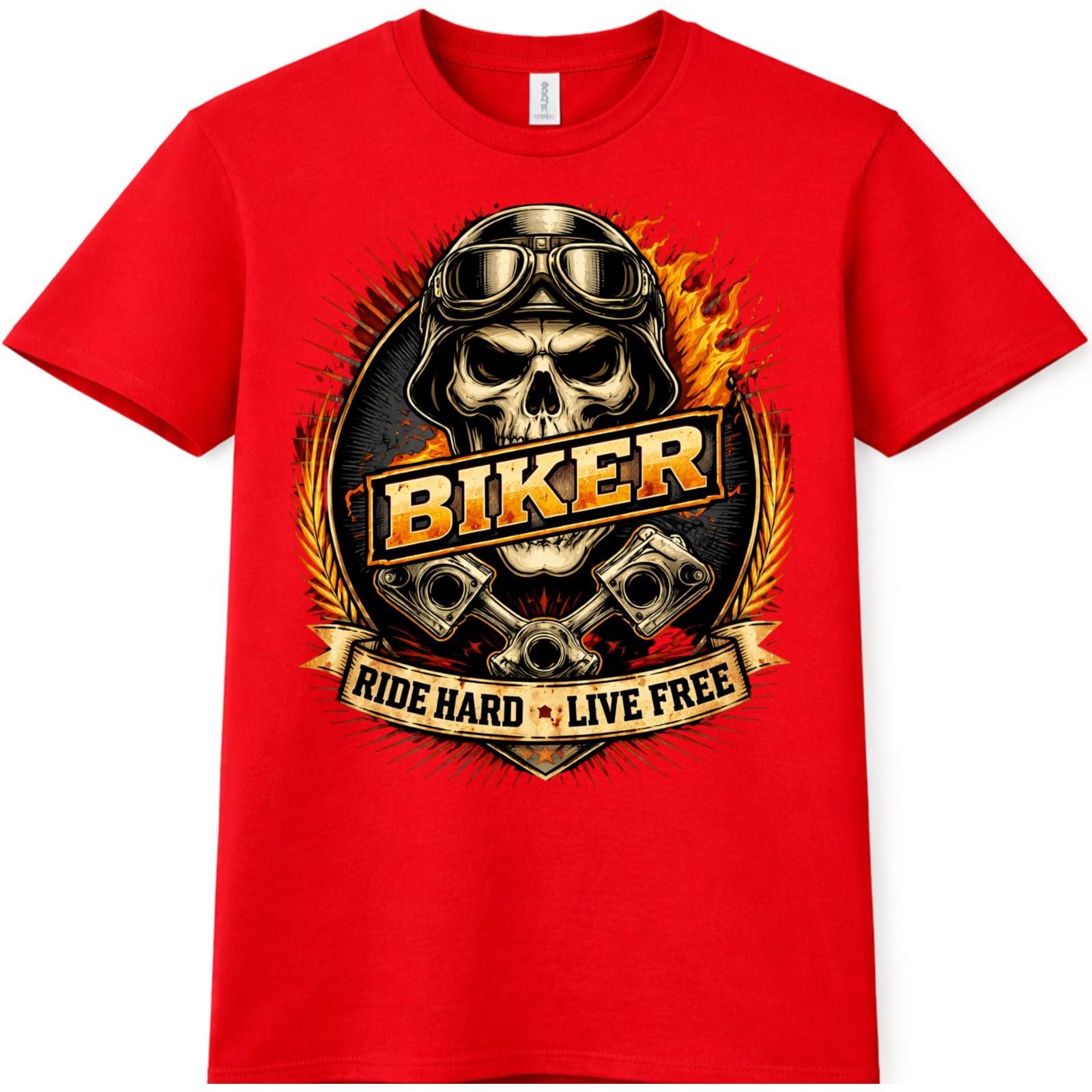 Biker Skull Red Tshirt Ride Hard Live Free Piston Flame Graphic Vintage Tee Gift XXXL