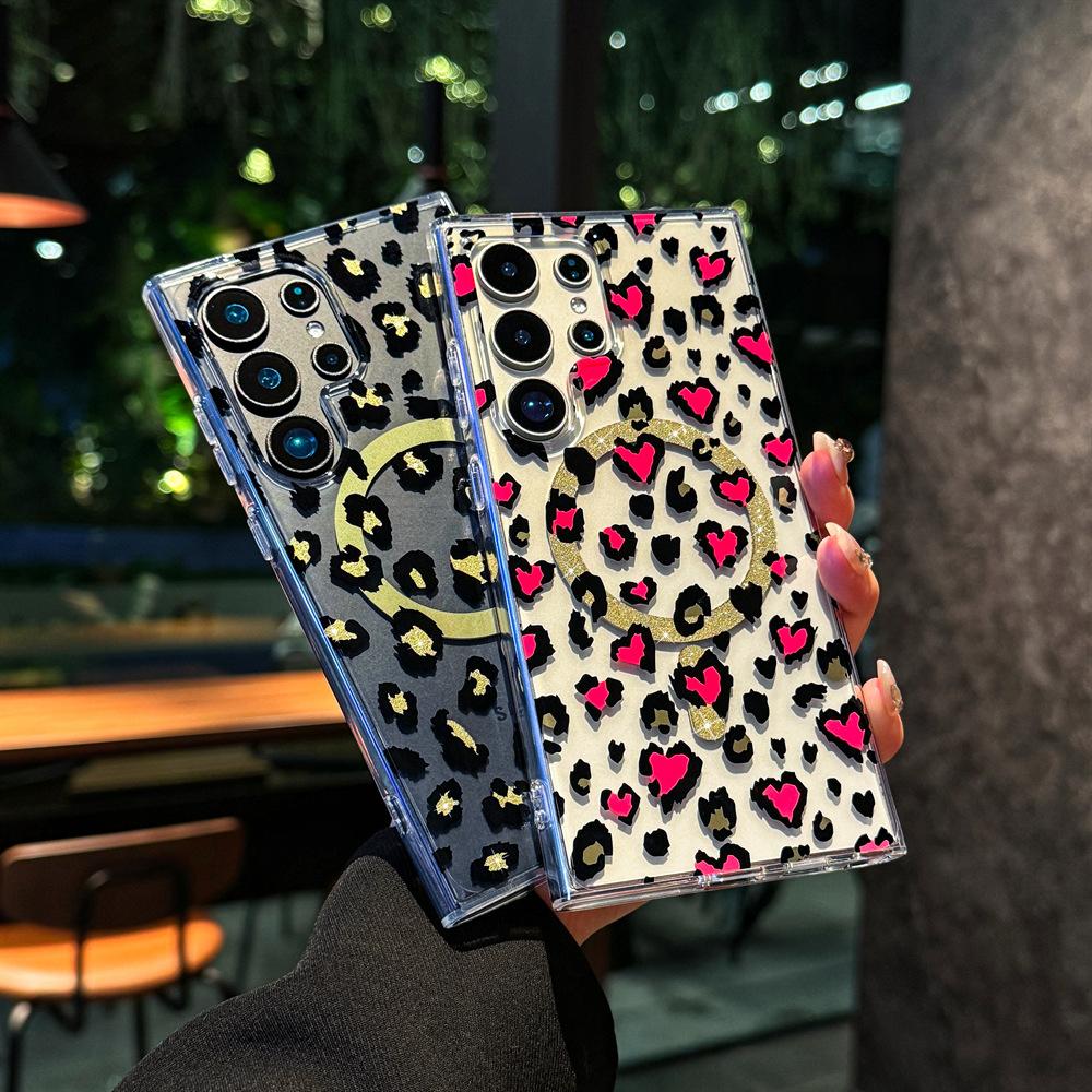 Applicable To Samsung S25u Mobile Phone Case, Leopard Print S26 Magnetic Case, European and American Wind Electroplating S23plus Transparent Case