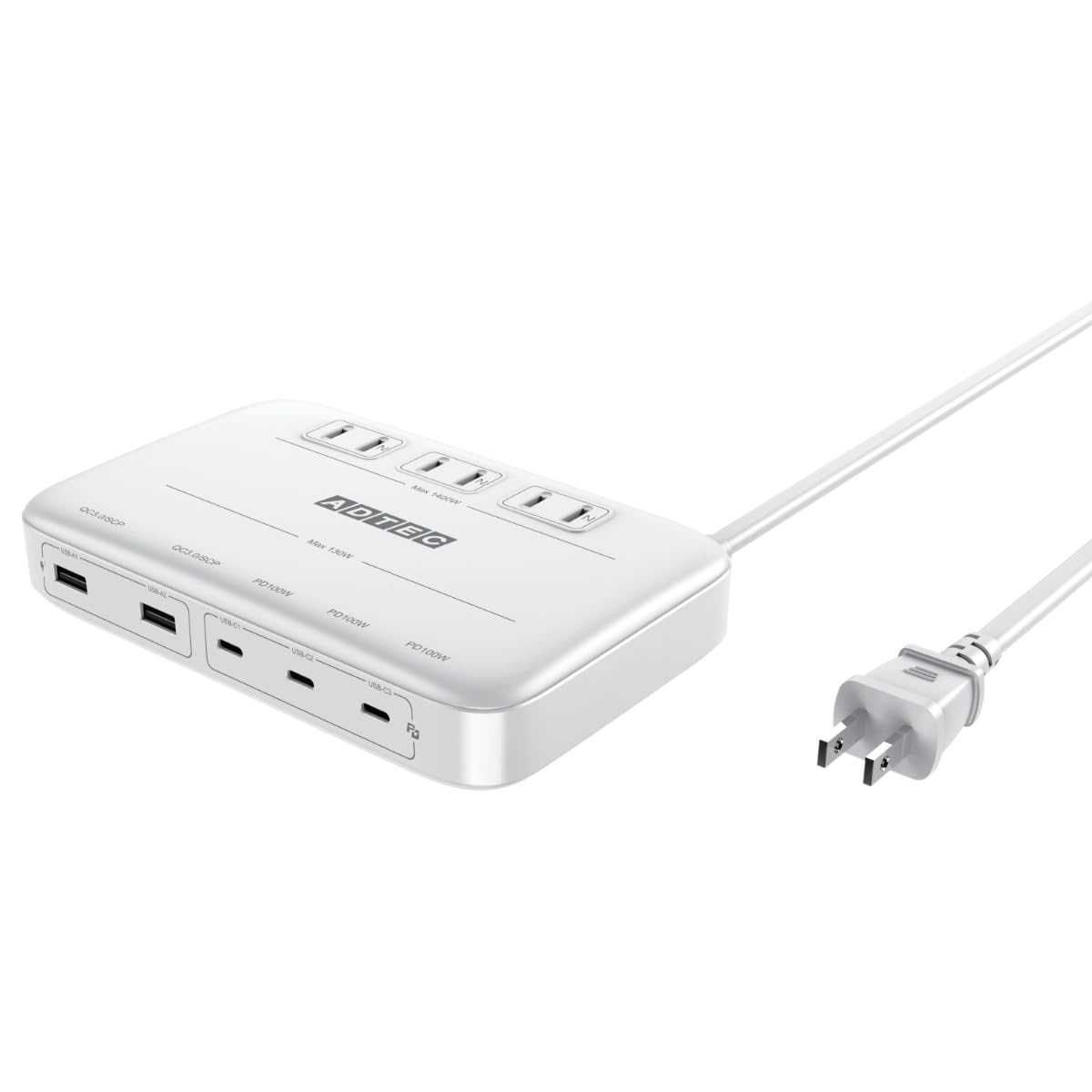 

Adtech Charger 130W Charger 5 Ports Fast Charging Laptop MacBookPro Smartphone Android White Multi-Port PD3.0 (USB-Cx3+USB-Ax2)(ACx3)GaN (Gallium