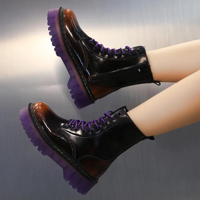 Ankle Boots for Woman 2025 New Women Increased Boots Fashion Genuine Leather PurpleCasual Motorcycle Luxury Shoes