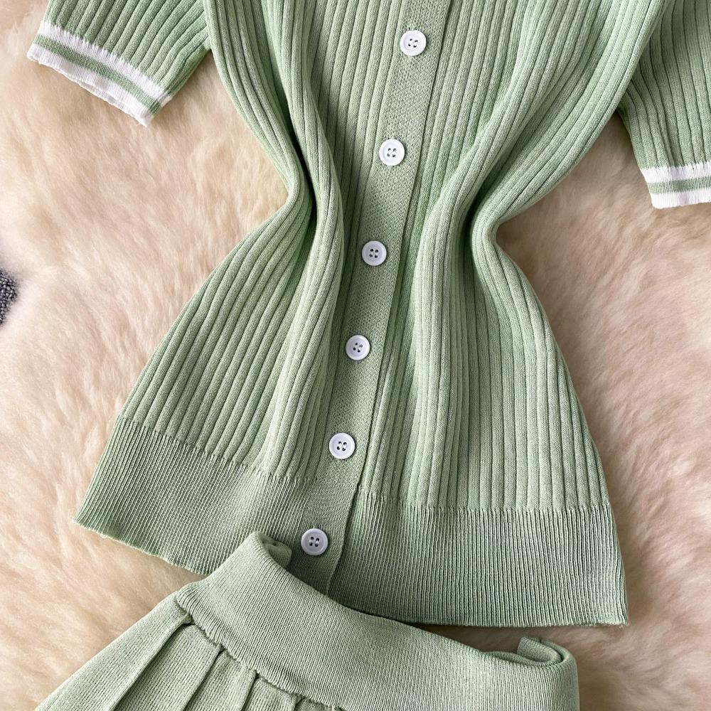 Two 2 Pieces Set for Women Summer Sexy Polo Collar Short Sleeve Buttons Knit Top and Elastic Waist Mini Pleated Skirt Suits