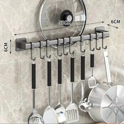 New Wall Mounted Kitchen Hook Stainless Steel Multifunctional Storage Rack Adjustable No Drilling Hanging Rod Pot Spoon Holder