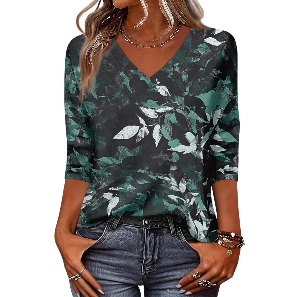 Women’s V Neck Floral Print Blouse Three Quarter Sleeve Casual Loose Fit Lightweight Top for Everyday Wear