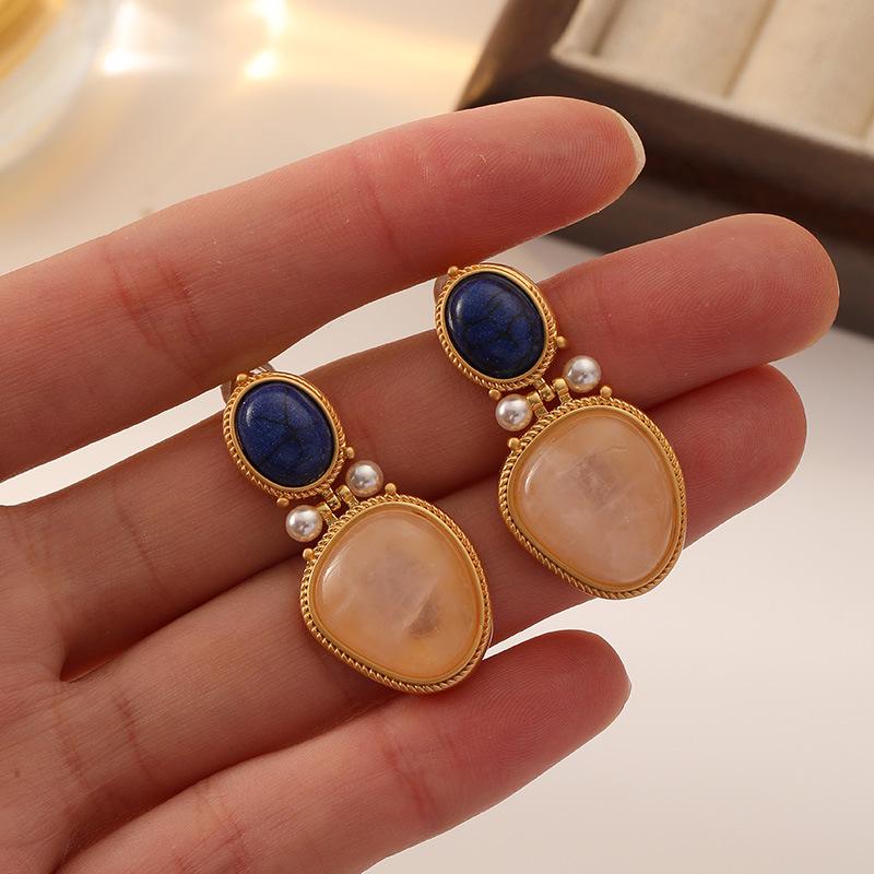 Elegant French Retro Geometric Natural Stone Earrings with 925 Silver Needle