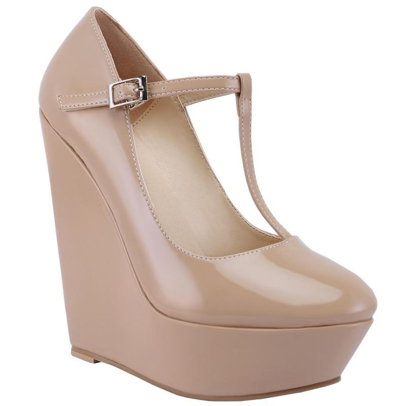 2025 New Autumn Winter Women Pumps 14cm Round Toes T-Strap Platform Wedge High Heels Gladiator Ladies Dress Party Wedding Shoes