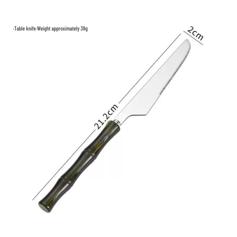 304 Stainless Steel Gold Cutlery Set with Violet Acrylic Bamboo Joint Handles: Includes Knife, Fork, and Spoon for Hotel Light Luxury Use.