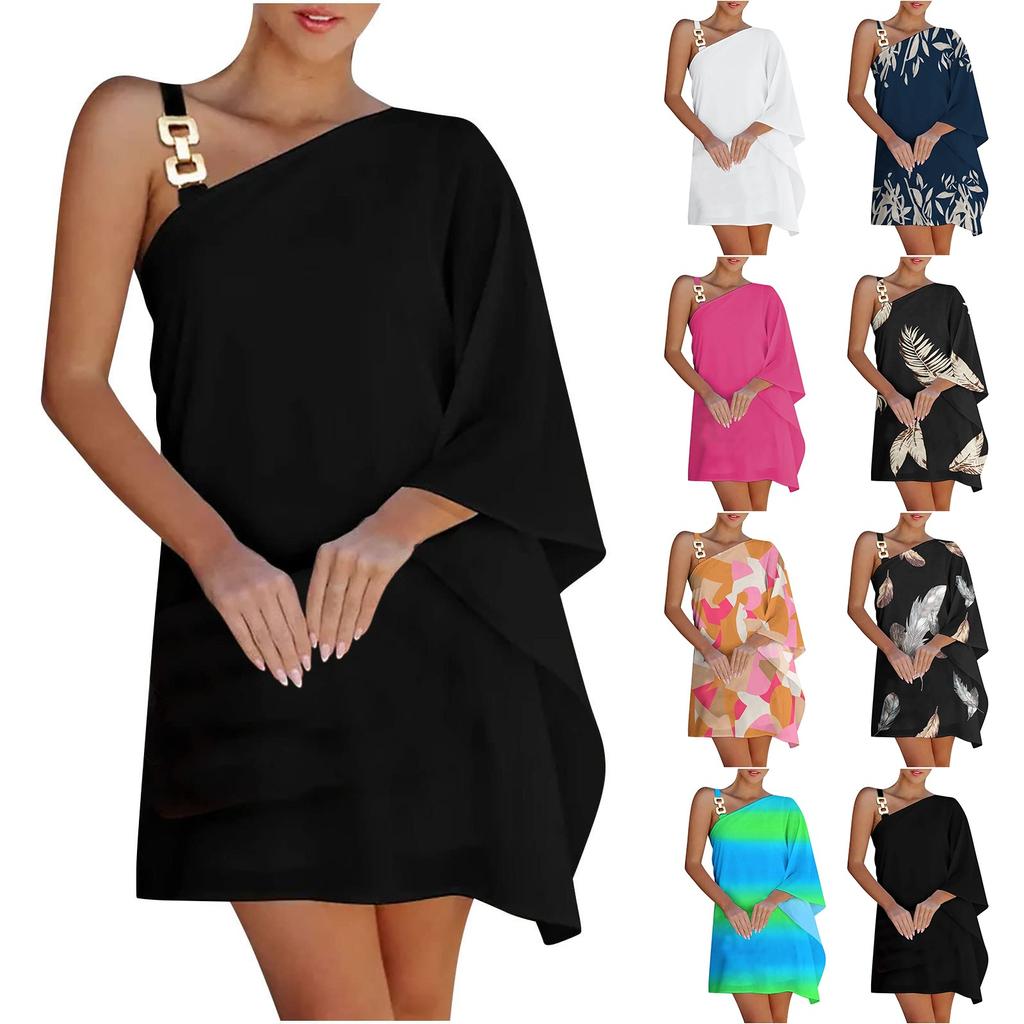 Women's Sexy Off-the-Shoulder One Strap Sloping Shoulder Solid Color Midi Dress