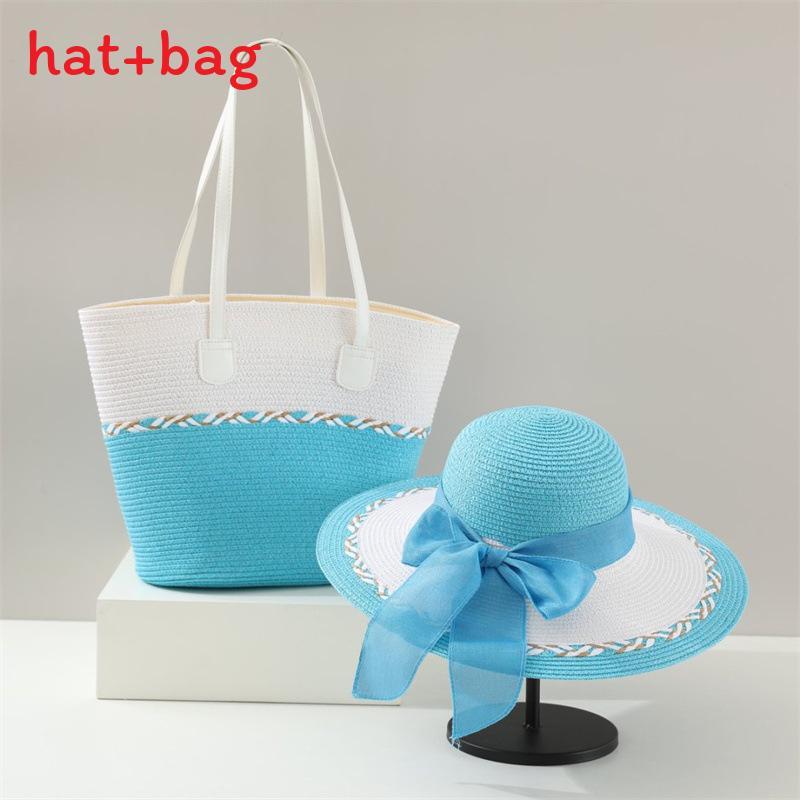 Woven Sun Hat And Large Capacity Straw Tote With Striped Pattern For Travel And Casual Wear