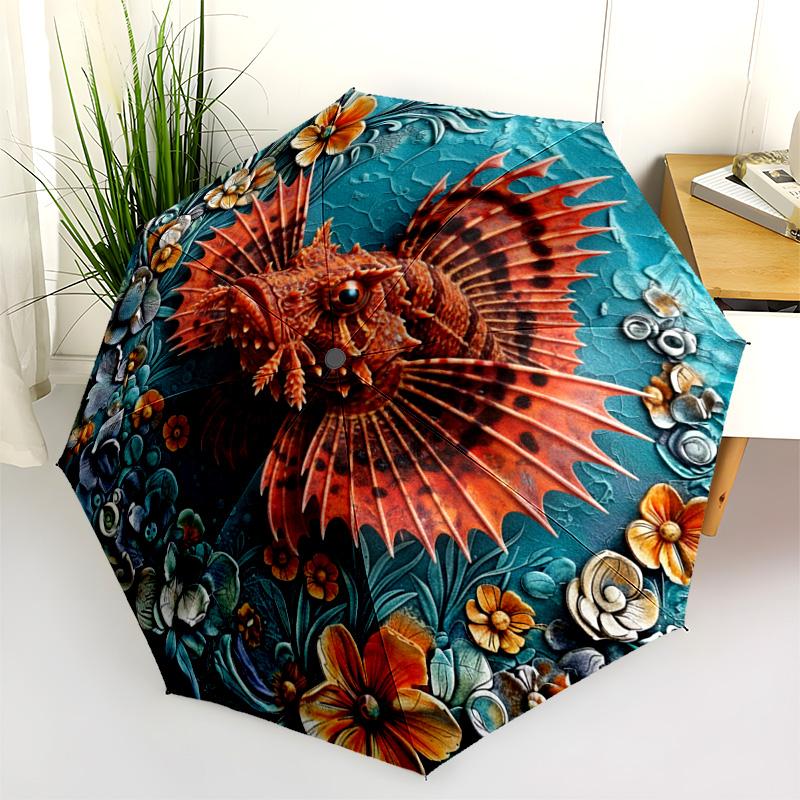 0106 Embossed Floral Marine Animals Pattern, Automatic Folding Umbrella, Portable and Foldable Design, 8 Ribs, a Christmas or Birthday Gift.
