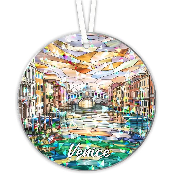Венецианское витражное украшение, Голографический ловчий солнца с двусторонней печатью, Акриловое украшение на елку «Битое стекло», Подвесное украшение для автомобиля и окна Подарок для