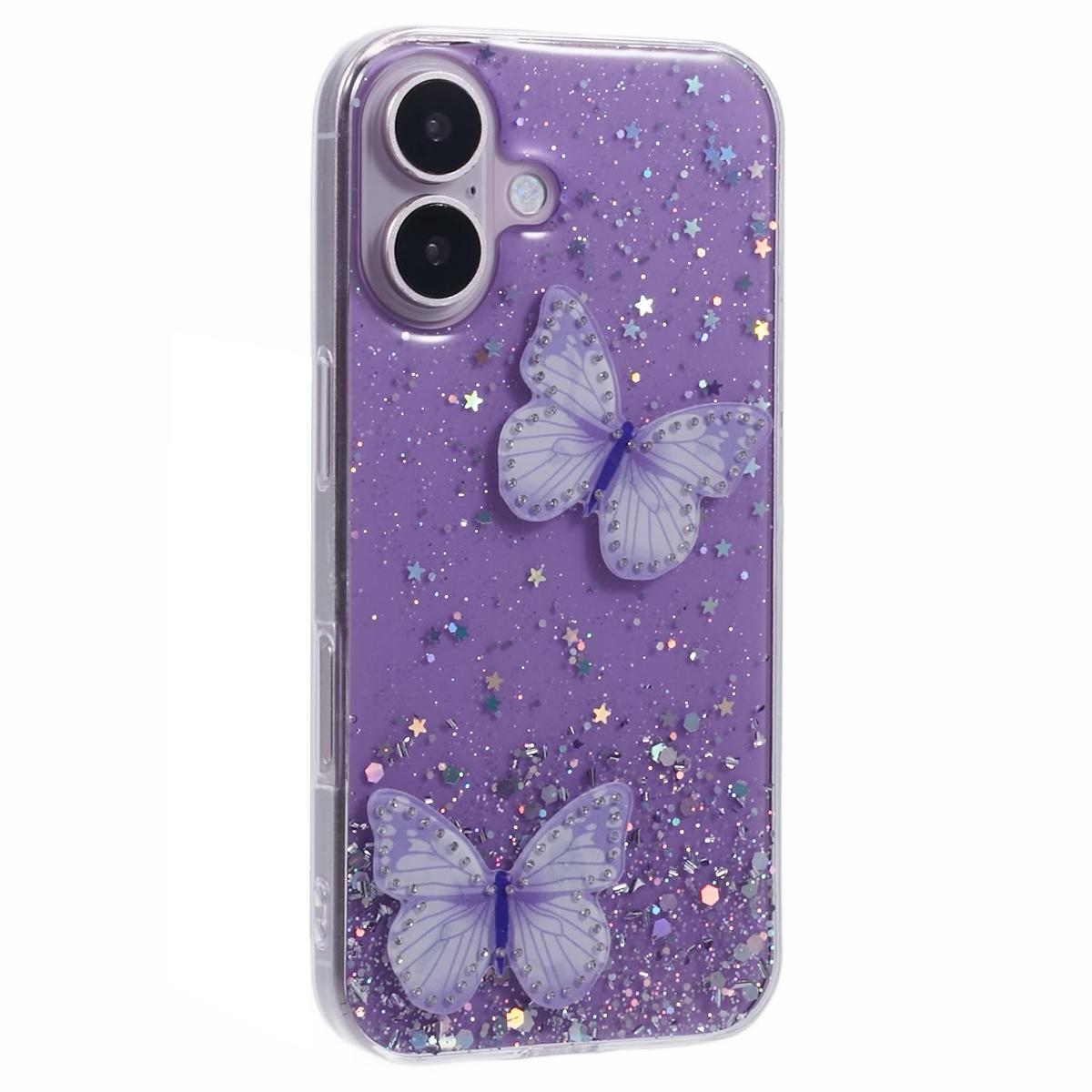 AW Series For iPhone 16 Case Glitter Bling PVC Butterfly TPU Shockproof Phone Cover B