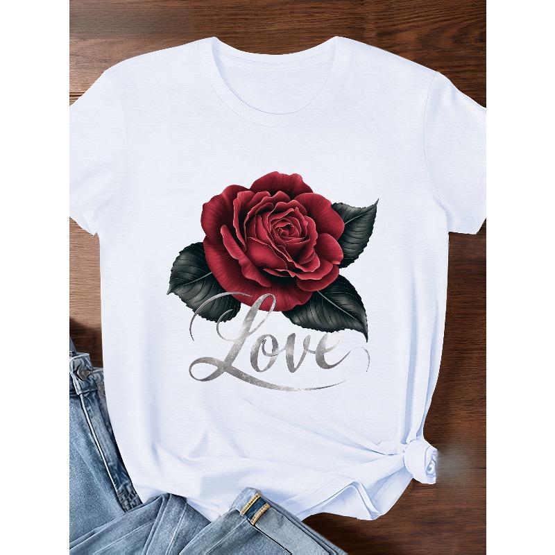 

European sizes red rose with Love Women s Sports Short Sleeve T-Shirt S белый