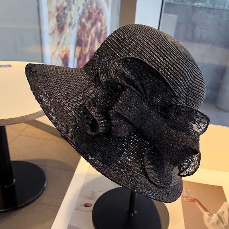 French elegant lace bow straw hat women's spring and summer sun protection sun hat big brim seaside vacation photo top hat