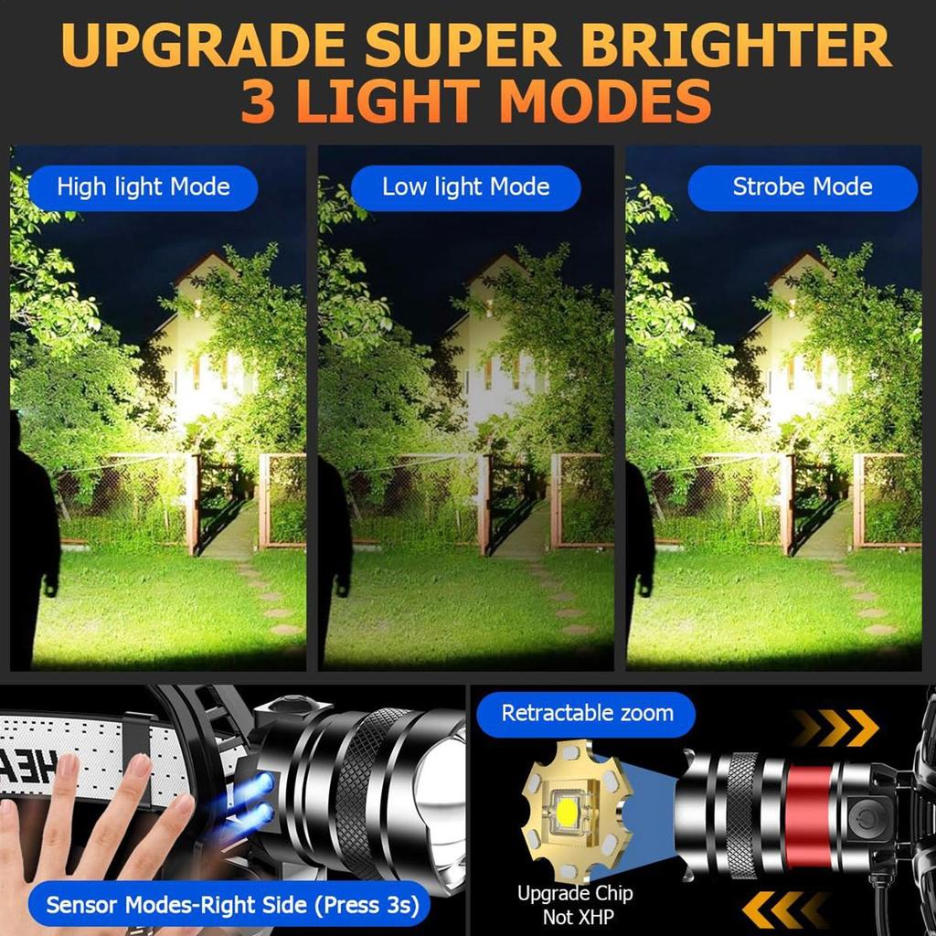Camping Headlamps Motion Sensor Waterproof Flashlight 3 Modes Adjustable Focus Waterproof Head Flashlight For Running Camping