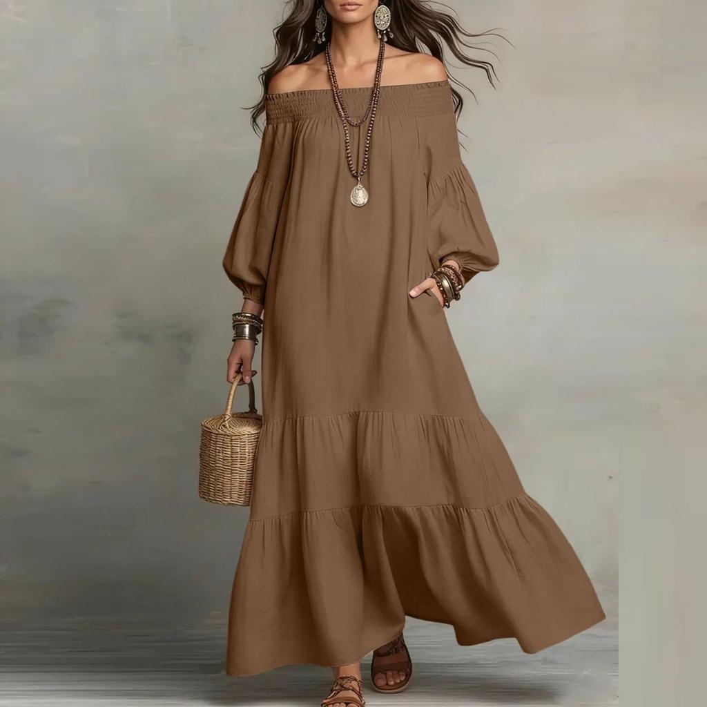 Women Off Shoulder Maxi Dress Loose Fit Tiered Bohemian Style Lightweight Dress with Puffy Sleeves and Layered Design