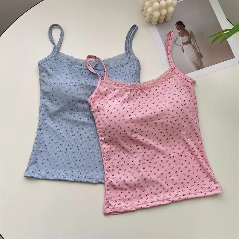 Sommerliche Crop-Tops mit Print für Damen Schleife Spitze Camisole Sexy Rückenfreies Weste mit Polsterung Basic Tanktop Bm Style Streetwear