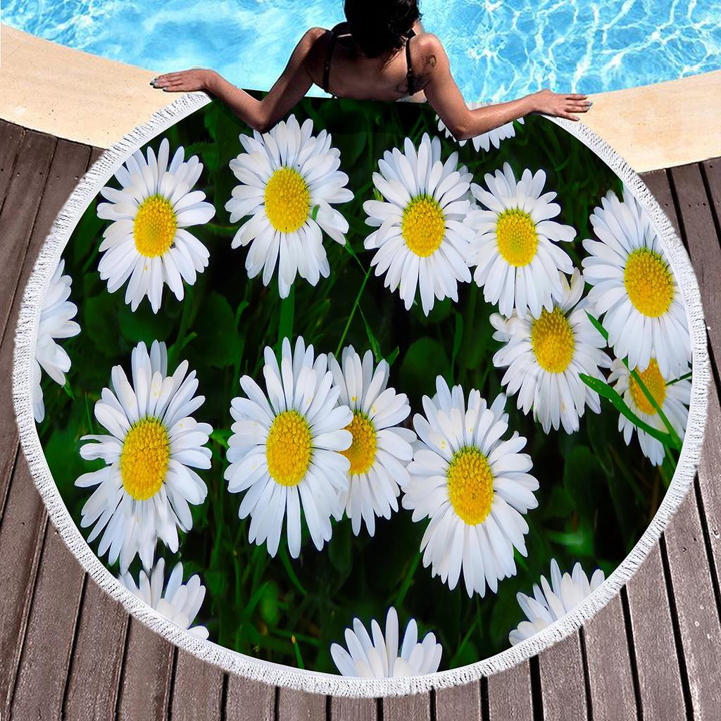 Floral Daisy Round Beach Towel,Microfiber Beach Blanket Sand Free Quick Dry Swim Pool Bath Circle Towel with Tassel for Teen Men