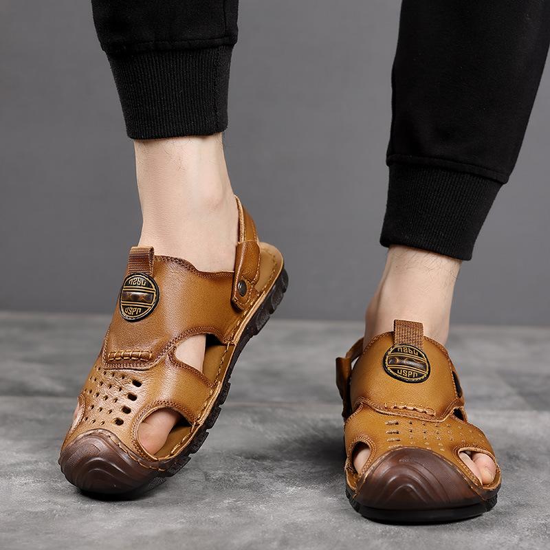 First Layer Cowhide Sandals Men's Bag Head Summer Wear Casual Beach Shoes Men's Non-slip Hollow Slippers Men's Beef Tendons