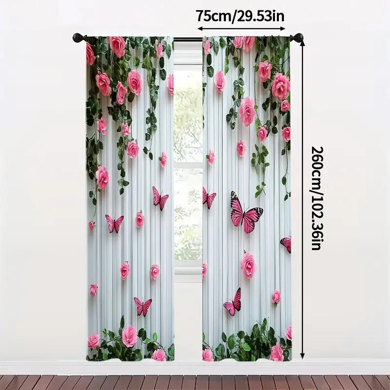 Elegant Butterfly And Pink Rose - Printed Curtains, Suitable For Bedroom And Living Room Home Decoration