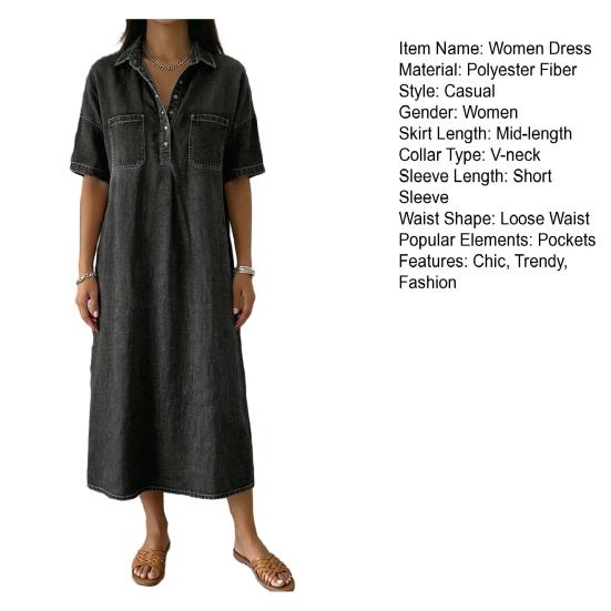 Robe chemise en jean pour femme Décontractée Manches courtes Boutonnée Jean Midi Robe Longue A-line Vintage avec Poches