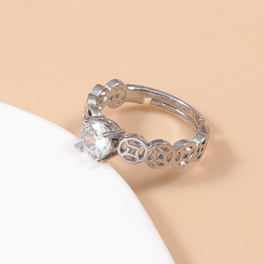 Coin Pattern Diamond Open Ring - Adjustable Light Luxury Couple Style Jewelry