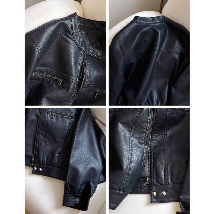 Vintage Style Motorcycle PU Short Loose Jacket Women's Spring/Autumn Retro Wide Collar PU Leather Short Loose Jacket