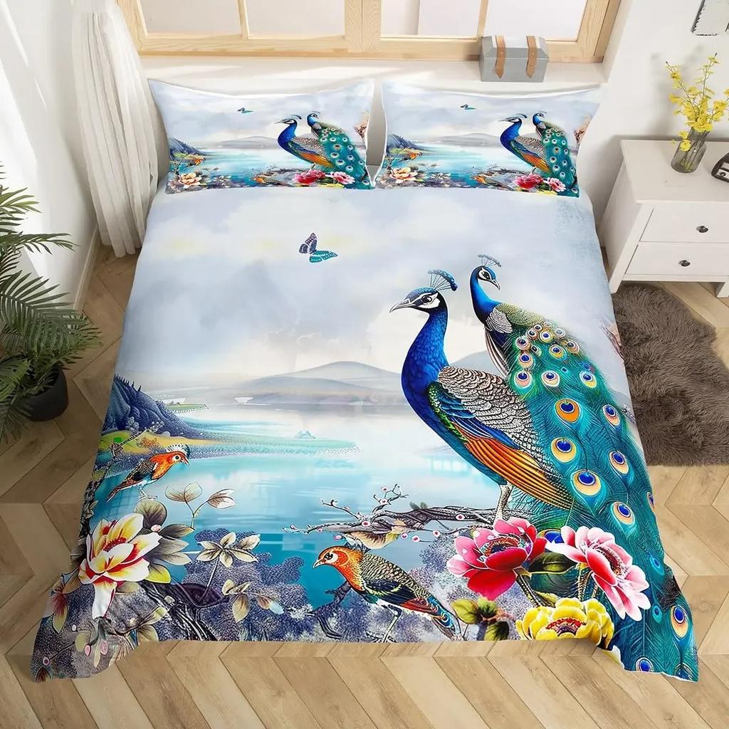 Peacock Duvet Cover Queen Watercolor Feather Bedding Set Bird Animal Floral Print Art Painting Comforter Cover and 2 Pillowcase