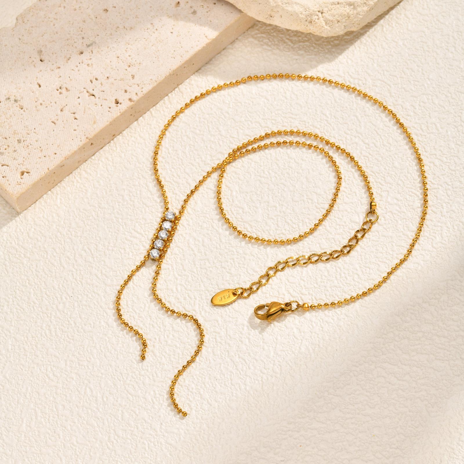 Fashion Stainless Steel Beads Chain Long Drop Necklace 18K Gold Plated Zircon Y-shaped Necklace for Women Non Fading Jewelry