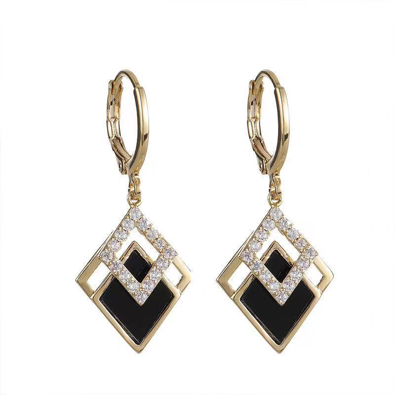 Elegant Black Diamond Geometric Earrings: Japanese-Korean Design, Light Luxury, Exquisite Ear Buckles for Women