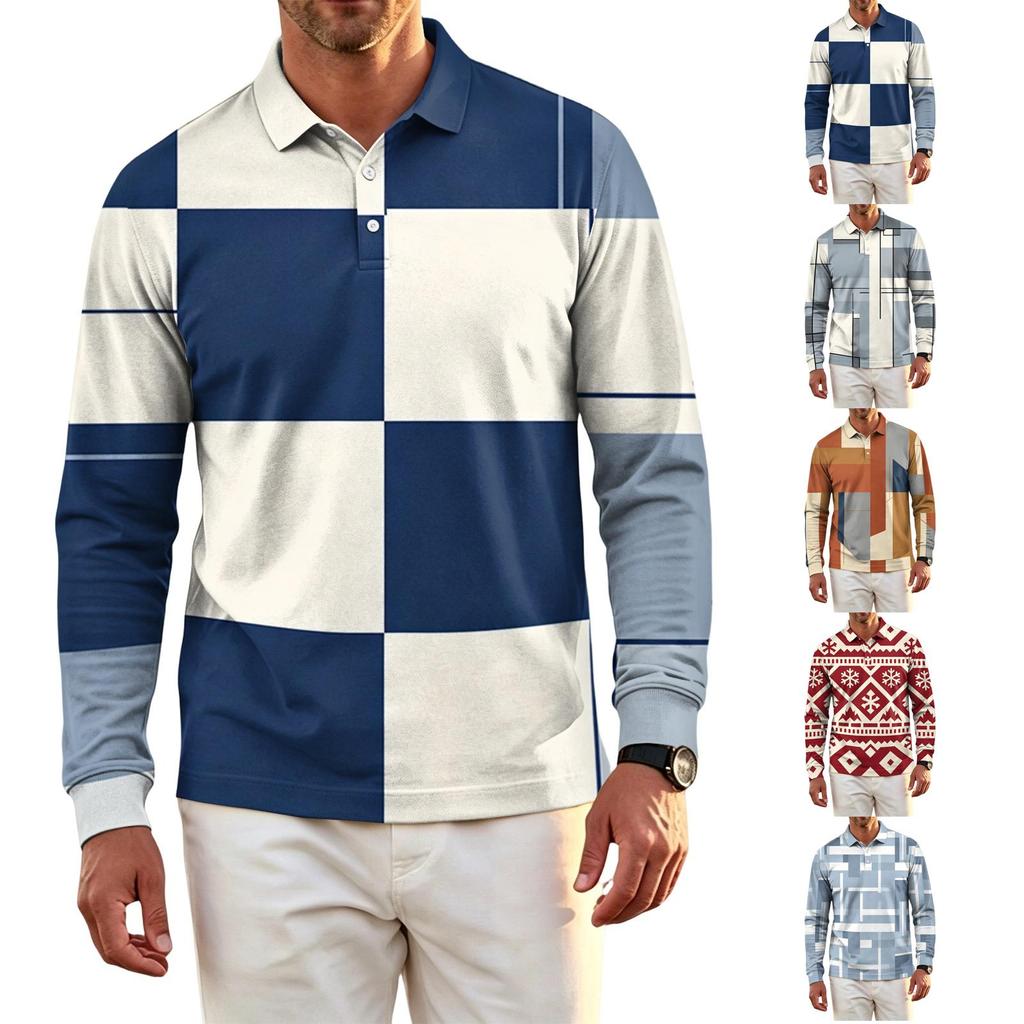 Men's Quick-Dry Mesh Long Sleeve Golf Shirt Printed Casual Top for Outdoor Activities