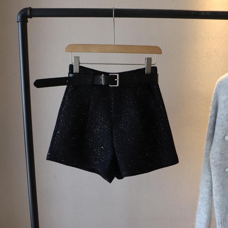 

Би Чжэн 2024 Зимние шорты А-силуэта с высокой талией из твида с пайетками для женщин XL чёрный