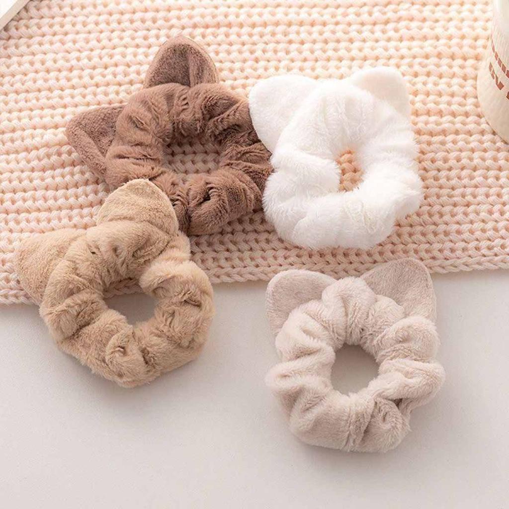 4pcs Autumn and Winter Ear Plush Large Intestine Hair Ring, Cute Hairy Fat Intestine Head Rope Leather Band Hair Ornament