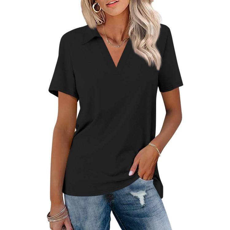 Summer Casual V Neck T Shirts Women Short Sleeves Collared Basic Tees Blouse