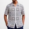 Herren Sommerurlaub Vintage Strick Golf Strandhemden Oberteile Gestrickte Häkel Kurzarmhemden Lässige Knöpfe Durchbrochene Hemden mit Kragen für Herren