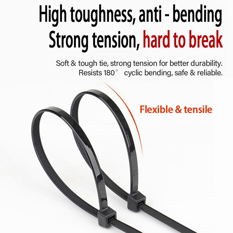 100pcs/bag Self-Locking Cable Ties Black Wire Cable Zip Ties Fasten Cable Organiser High Tensile Strength for Home & Office