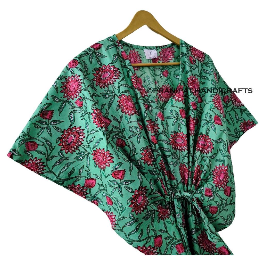 Cotton Women Summer Hippie Sleepwear Floral Print Green Long Maxi Caftan Dress CKFTN-SCRN-FULL-BUYIT-085