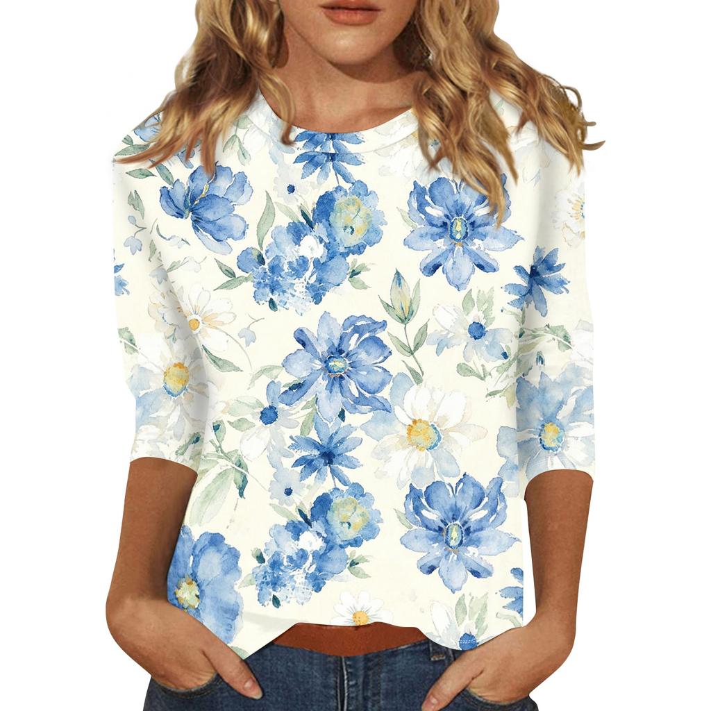 Damen Lässige Blumenprint Rundhals Dreiviertelarm Bluse Leichter Weicher Stoff Bequeme Passform Stilvolles Oberteil für den täglichen Gebrauch